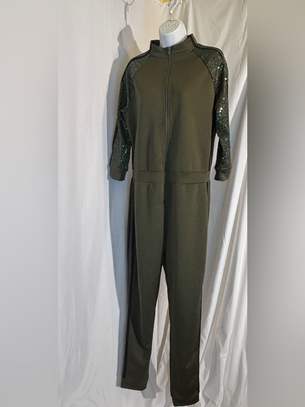 Weissman Olive Green Sequin-Trim Zip Jumpsuit- Medium Adult